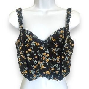 Black Floral Lace Trim Bustier Crop Top Corset Tank Y2K Coquette Large- Blush BJ